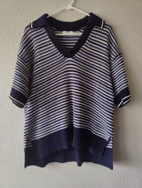 Madewell Striped Johnny Collar Sweater Tee Short Sleeves Large All Cotton